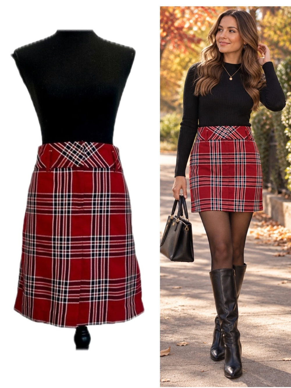 TOMMY Hilfiger red black white plaid check mini pencil skirt Sz 10 NWOT